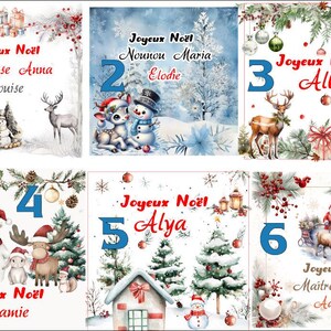 K&ouml;nnte beinhalten: Festliche Weihnachtskarten mit Illustrationen. Jede Karte hat ein einzigartiges Design mit franz&ouml;sischem Text, Weihnachtsgr&uuml;&szlig;en und Namen. Die Karten zeigen Rentiere, Schneem&auml;nner und andere winterliche Elemente.