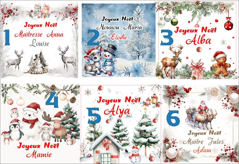 K&ouml;nnte beinhalten: Festliche Weihnachtskarten mit Illustrationen. Jede Karte hat ein einzigartiges Design mit franz&ouml;sischem Text, Weihnachtsgr&uuml;&szlig;en und Namen. Die Karten zeigen Rentiere, Schneem&auml;nner und andere winterliche Elemente.