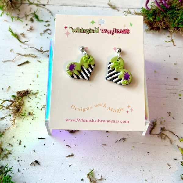 Beetlejuice Mossy Bugs Striped Heart Inspired Polymer Clay Dangle Earrings