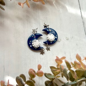 Midnights Moon Stars Clock Inspired Dangle Polymer Clay Earrings