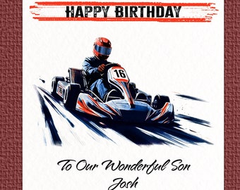 Go Kart Birthday Card, Any Age, Personalised Name/Relation/Message, 148mm (5.8")
