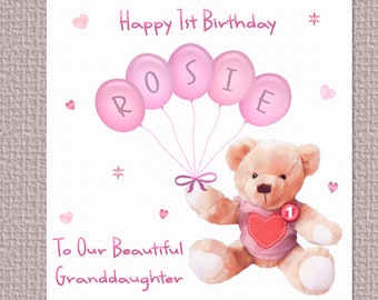 Personalised Teddy Bear 1st, 2nd or any age Girl's Birthday Card, for daughter, granddaughter, niece, goddaughter, etc, 145mm, handmade