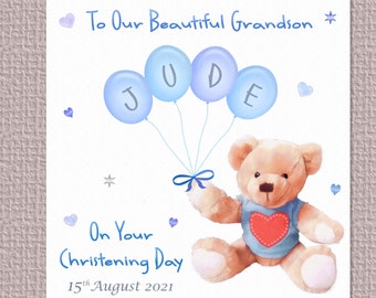 Personalised Teddy Bear Christening, Baptism, Naming Day card for Boy or Girl, Handmade