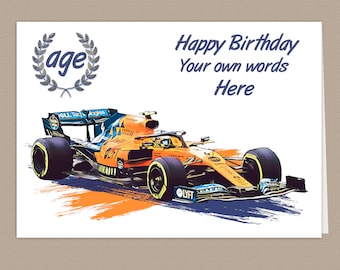 McLaren F1 racing car card, Personalised, Birthday, choice of name/special message and age