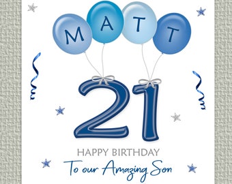 21st or ANY AGE Balloons Birthday Card, 148mm square, name and wording of choice, for son, grandson, godson, brother, etc