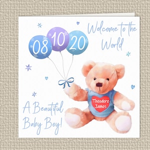 Personalised New Baby Congratulations Card, baby girl, boy, with name and date of birth, 145mm, 5.7&quot;