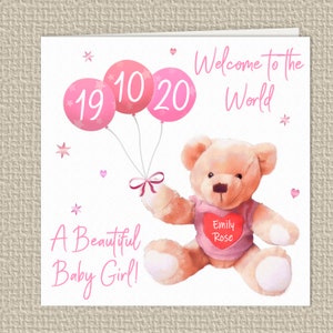 Personalised New Baby Congratulations Card, baby girl, boy, with name and date of birth, 145mm, 5.7&quot;
