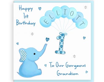 Jelly Beans From The Heart 1st Birthday Card For Grandson - Elephant On Moon Design, 235x165mm, With Eco Glitter