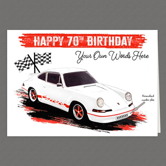 70th Birthday Card: Porsche 911 Carrera, Personalized Number