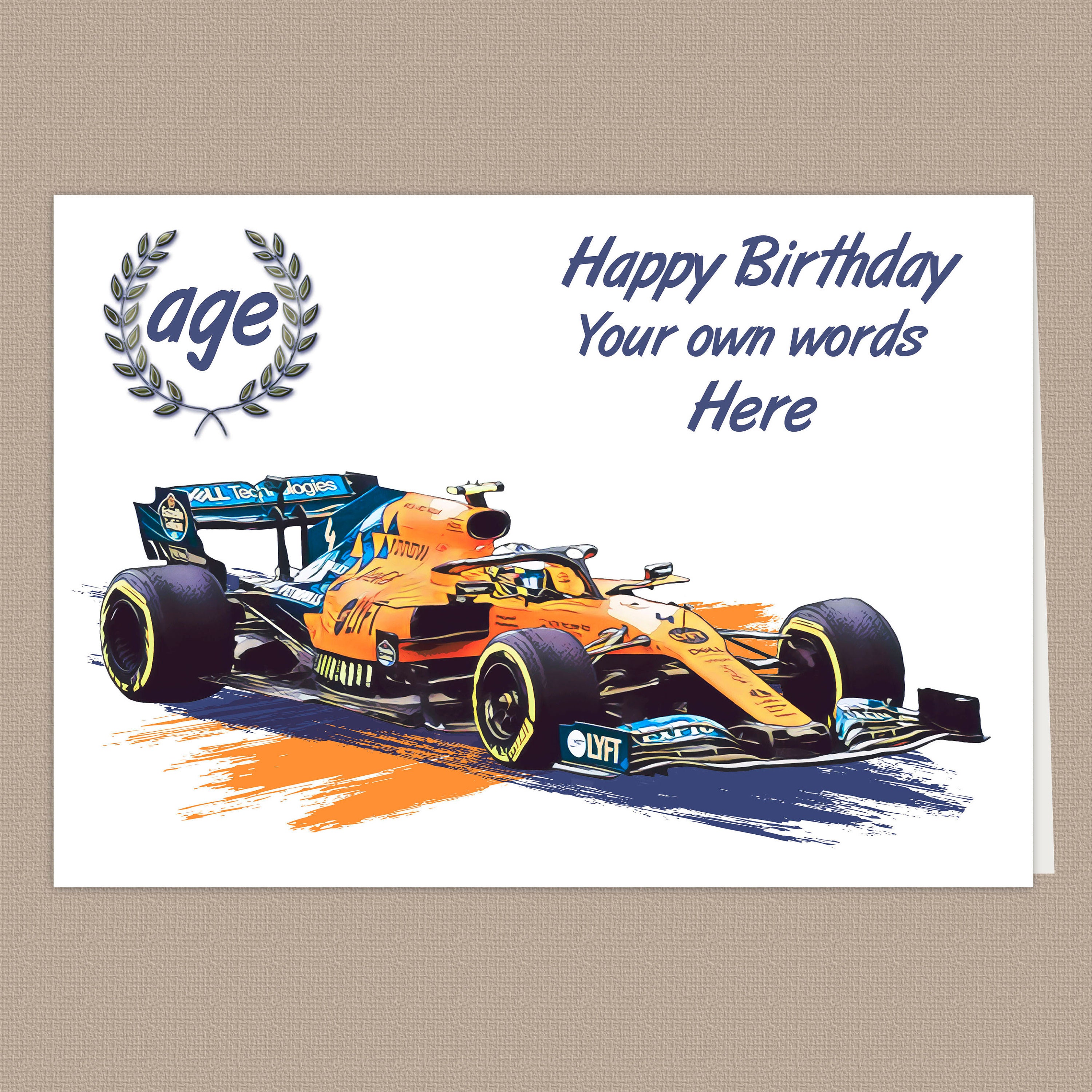 Mclaren F1 Racing Car Card, Personalised, Birthday, Choice of Name/special  Message and Age 