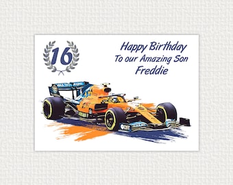 McLaren Racing Car Birthday Card, Personalised, choice of name/special message and age