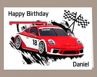 May include: Happy Birthday card featuring a red and white race car with the number 18 on the side. The car is on a black and white background with checkered flags. The name Daniel is written on the card.