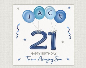 Personalised 21st Birthday Card for Son, Grandson, Nephew, etc, blue