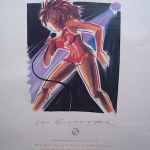 May include: A colorful illustration of a woman singing into a microphone. The image is for a live album by Tina Turner called "Tina Live in Europe". The album includes classic live versions of "What's Love Got to Do With It?", "Addicted to Love", "In the Midnight Hour", and "Let's Stay Together".