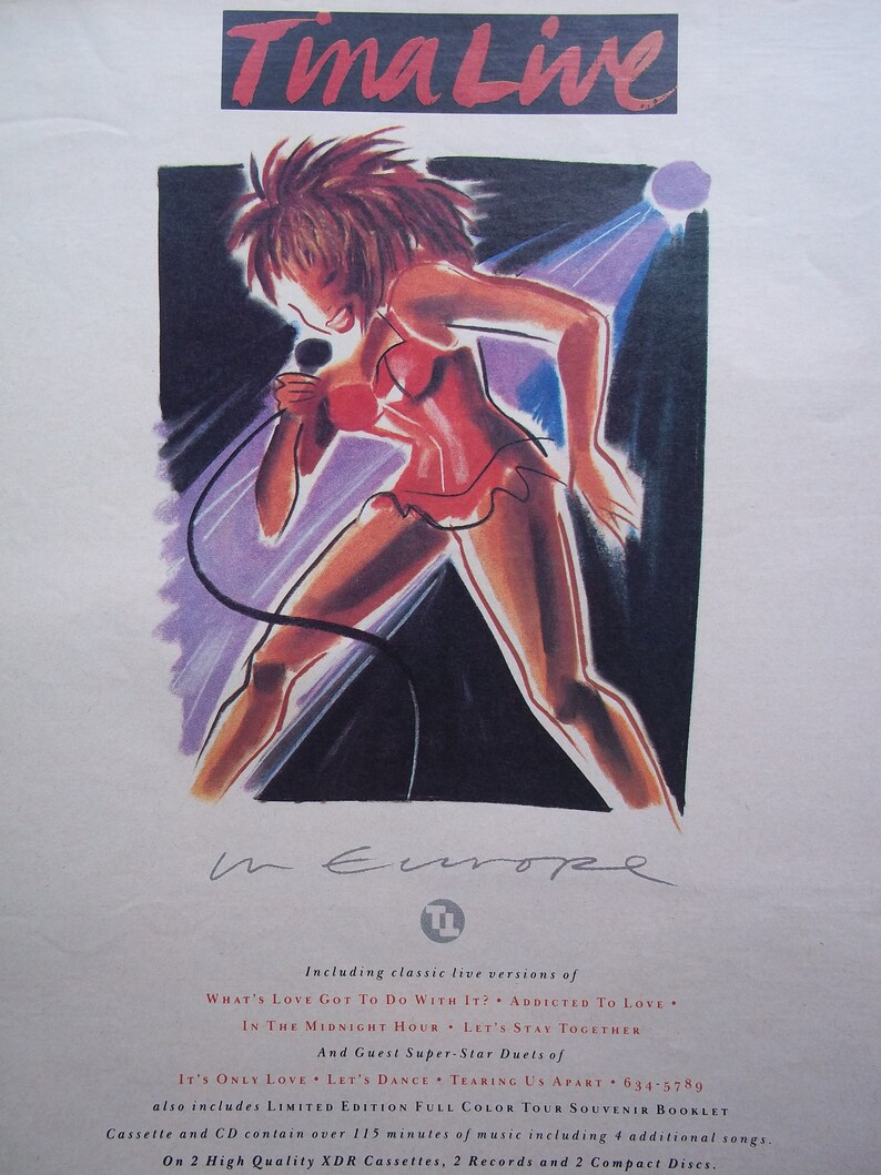 May include: A colorful illustration of a woman singing into a microphone. The image is for a live album by Tina Turner called "Tina Live in Europe". The album includes classic live versions of "What's Love Got to Do With It?", "Addicted to Love", "In the Midnight Hour", and "Let's Stay Together".