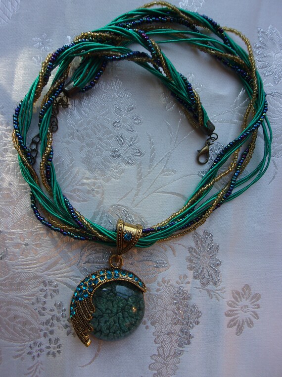 Vintage Turquoise Green & Gold Pendant Necklace-A… - image 2