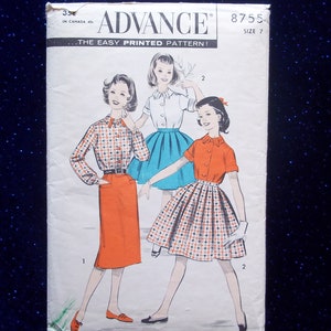 Vintage 50&#39;s Girls&#39; Pleated Skirt, Shirtwaist Blouse Sewing Pattern- Advance 8755- Girls Size 7- Slim Skirt with Back Pleat & Pockets