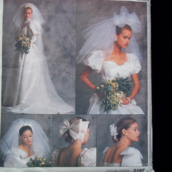 Vintage 80's Vogue Pattern 2197- Bridal Veil with 4 Tiers- Bridal Bow- Bridal Headpiece- Cathedral Length or Short Veil- Wedding Headpiece