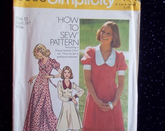 Retro 70&#39;s V-Neck Collared Dress Sewing Pattern- Puff Sleeves -70&#39;s Fashion-Simplicity 6605 Size 6 Bust 30.5&quot;