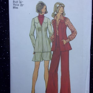 May include: A sewing pattern for a two-piece outfit. The pattern includes a long-sleeved jacket with a zipper closure and a skirt. The second piece is a vest with a long-sleeved blouse. The pattern is for size 14, bust 36 inches, waist 28 inches.