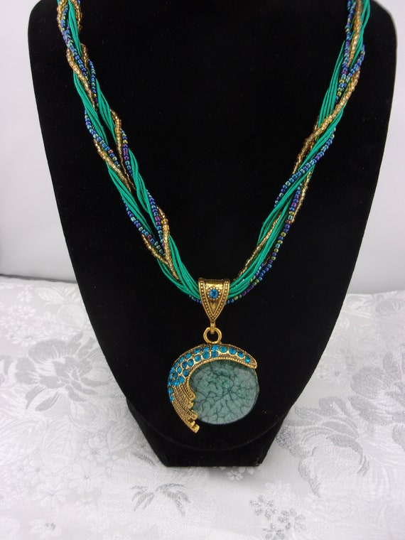 Vintage Turquoise Green & Gold Pendant Necklace-A… - image 1