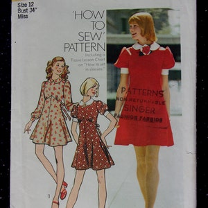 Retro 70&#39;s Tie Back Short Dress Sewing Pattern- Puff Sleeves-Flared Skirt- Peter Pan Collar- Simplicity 5903- Size 12 Bust 34&quot;- UNCUT