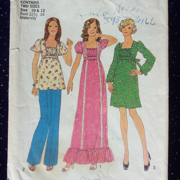 Retro 70's Maxi Dress Sewing Pattern-Peasant Dress-Three Sleeve Variations- Ruched Bodice-70's Maternity Fashion- Simplicity 6889 Size 10/12