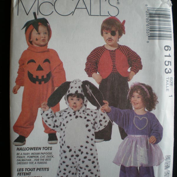Costumes for Babies Sewing Pattern-Tuxedo, Pumpkin,Pirate,Puppy,Kitty, Leopard, Duck,Indian Papoose, Fairy- McCalls 6153 Size 1 or 3 UNCUT