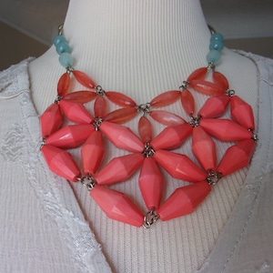 Vintage 70&#39;s Bib Necklace- Bright Coral Elongated Bicone Beads- Turquoise Beads-Summer Fashion Necklace- Beautiful Condition- Gift for Her