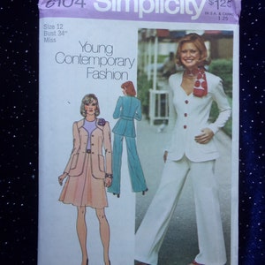 Retro 1970s Matching Separates Sewing Pattern-Sweetheart Neckline Jacket- Flared Skirt-Wide Leg Pants- Simplicity 6104-Size 12-Bust 34 UNCUT