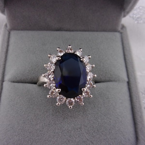 Princess Diana Inspired Sapphire Ring: Lab Created Gem, Sterling Silver, Size 7