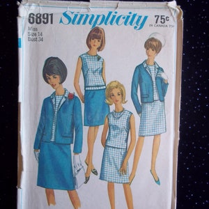 Retro 60&#39;s Ladies Jacket, Sleeveless Blouse/Top & Skirt Sewing Pattern- 60&#39;s Fashion Women&#39;s Suit - Simplicity 6891 Misses Size 14 Bust 34&quot;