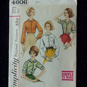 Retro 1960&#39;s Women&#39;s Blouse Sewing Pattern- Front Button- Notched Collar-Fitted Waist- Cuffed Sleeves- Simplicity 4606- Size 12- Bust 32&quot;