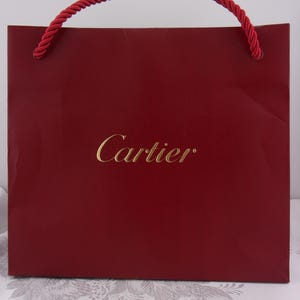 Authentic Cartier Red Textured Paper Gift Bag-Silky Twisted Rope Handles- Gold Barrel Detail- Vintage Collectible