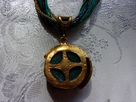 Vintage Turquoise Green & Gold Pendant Necklace-A… - image 6