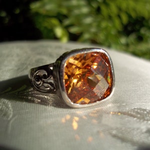Sterling Silver Topaz Ring- Cushion Cut Simulated Topaz Gemstone- Lovely Scroll Design- Size 8- Gift for Her or Him