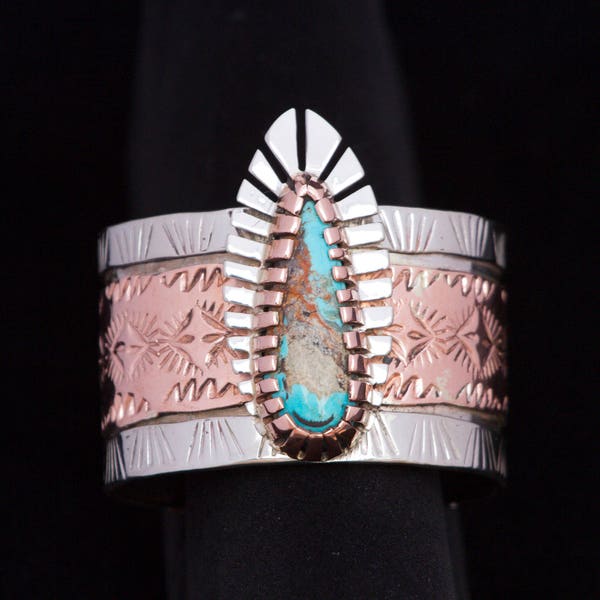 Women's Turquoise Cuff, Silver and Copper Cuff, Hand Stamped, Unique, Heavy Cuff, Tyrone Turquoise, New Mexico Turquoise, Non-Traditional
