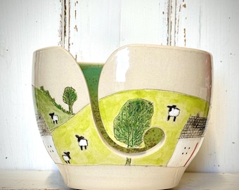 Hand Thrown Ceramic Yarn Bowl, Jade Green Glaze, Cottages, Washing Lines and Grazing Sheep