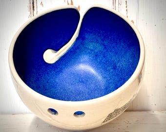 Hand Thrown Ceramic Stoneware Yarn Bowl: Tiny Cottages, Washing Lines & Black White Cat Detail