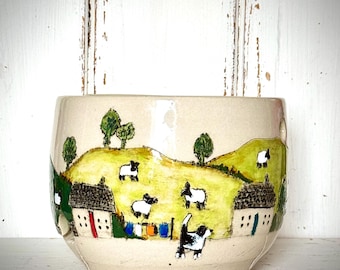 Handmade Ceramic Yarn Bowl – Country Cottage Scene with Sheep & Dog (15cm)