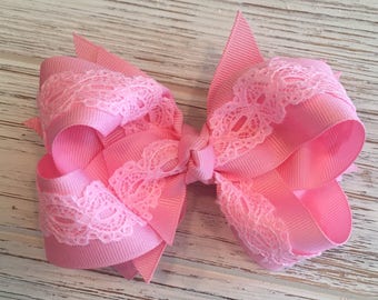Pink hair bow, Pink hairbow, Pink hair clip, Lace hair bow, Lace hairbow, Lace hair clip, Pink lace hair bow, solid pink hair bow