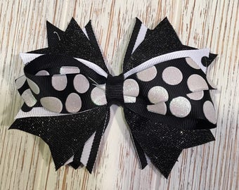 Black and white glittered polka dot hair bow, black hair bow, black hairbow, black hair clip, black white hair bow, white black hair bow