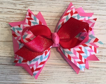 5" Red, Pink & Aqua hair bow, Valentines hair bow, Valentines hairbow, Valentines hair clip, Red hair clip, Red hair bow