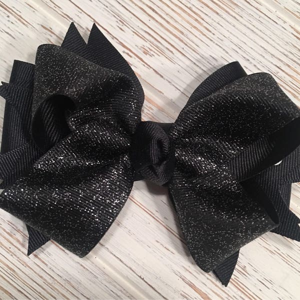 Black glittered hair bow, Black hair bow, Black hairbow, Black hair clip, Solid black hair bow, Glitter hair bow, solid color hair bow