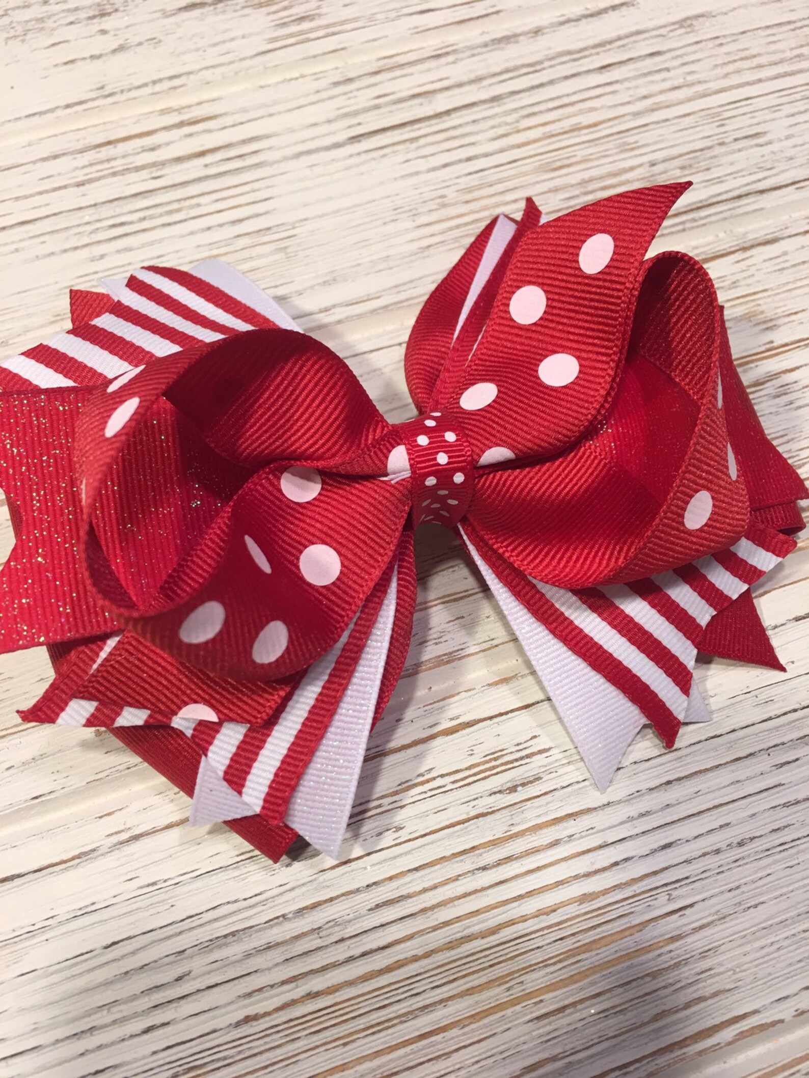 Red and white striped polka dot hair bow red and white hair | Etsy