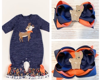 Made to match RicRac & Ruffles Wistful Woods, Wistful Woods hairbow, M2M Ricrac hair bow, Deer hair bow, Navy hair bow, Navy hair clip