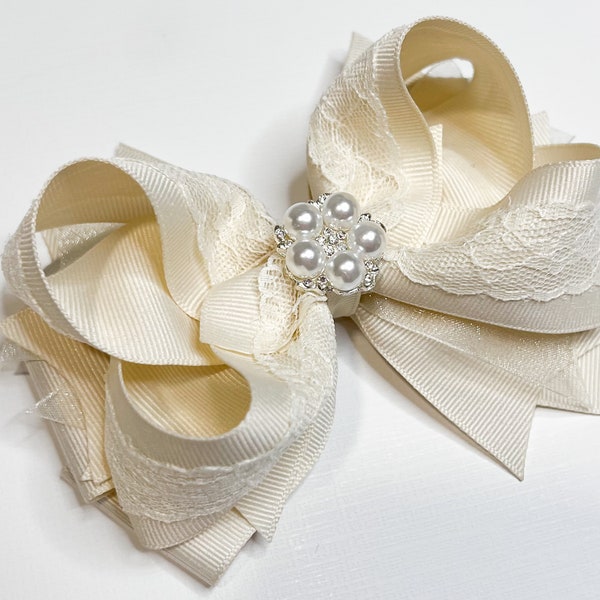 Gold hair bow, Ivory hair bow, cream hair bow, champagne hair bow, lace hair bow, flower girl hair bow, flower girl headband, gold hairbow