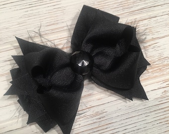 Black solid boutique bow with fluff, black hair bow, black hairbow, black hair clip, solid black hair bow, black bow
