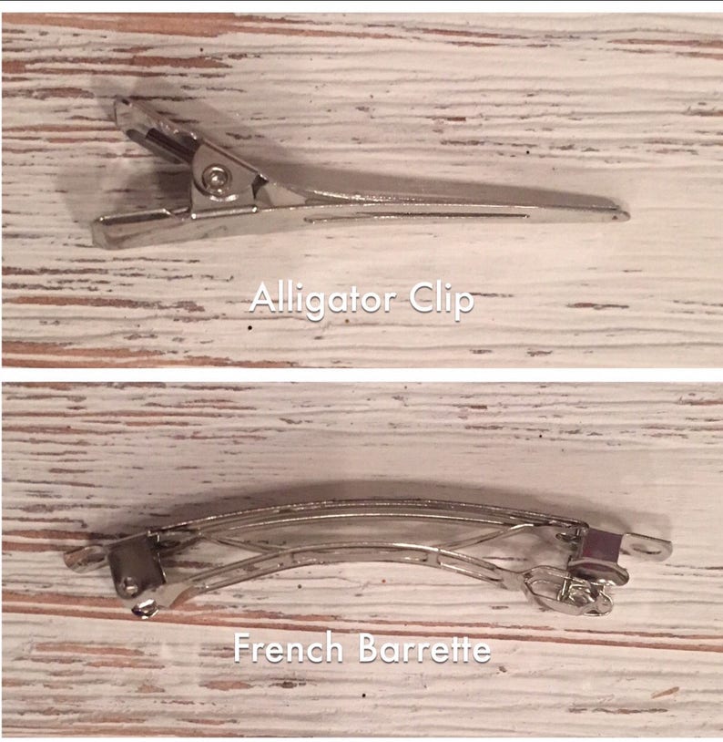 May include: Two types of hair clips: a silver alligator clip and a silver French barrette. The alligator clip is a simple, straight clip, while the French barrette is curved and has a more intricate design.