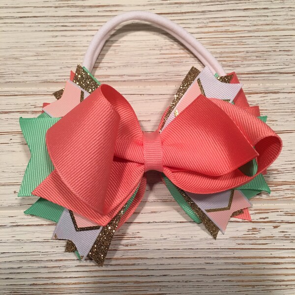 Coral, Mint, and Gold hair bow, Wild one hair bow, Tribal hair bow, Coral hair bow, Mint hair bow, Gold hair bow, Wild one hairbow